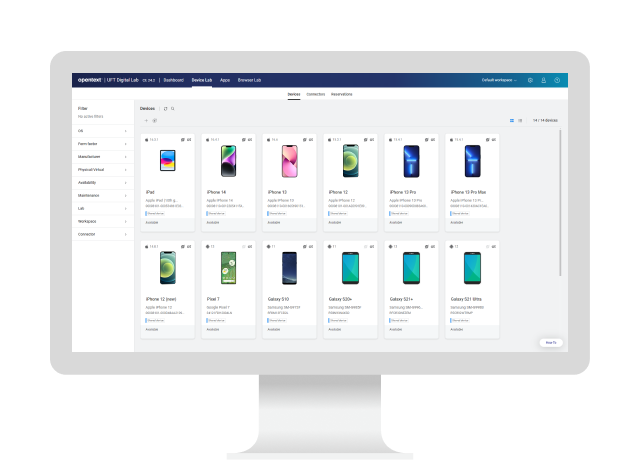 Ein Desktop-Computer mit OpenText Functional Testing Lab für Mobile und Web