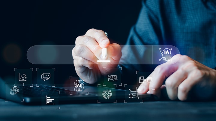 A person typing on a keyboard using AI search services