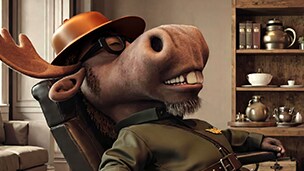 Moose in a bowler hat leaning back in his chair