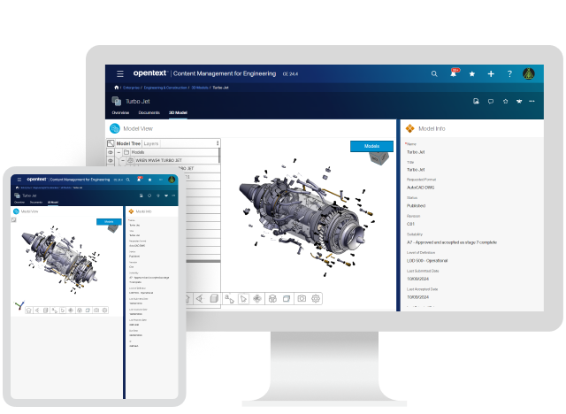 OpenText Content Management for Engineering Plattform auf einem Computer und Tablet 