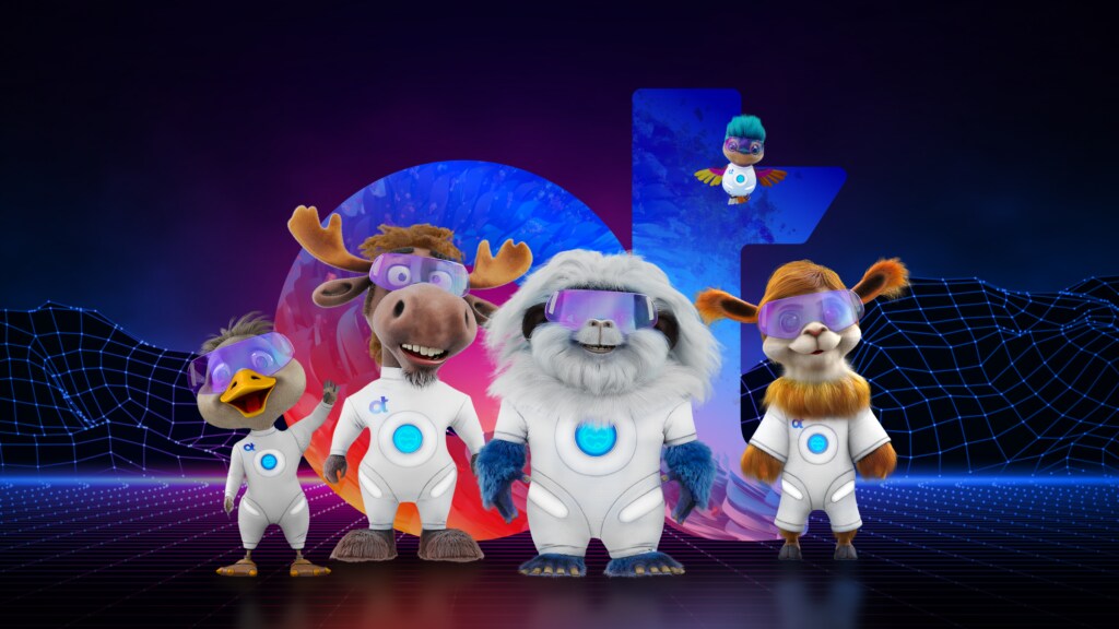 OpenText World 2025 mascots standing in front of the OpenText logo