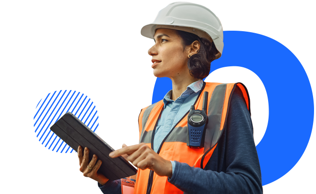 A person holding a tablet, looking away into the distance