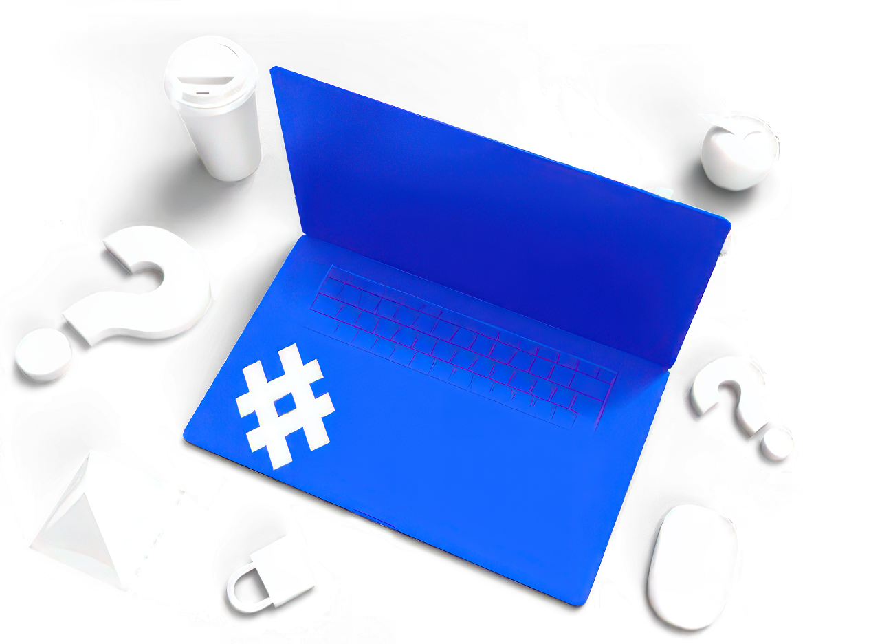 Illustration of IT items with focus on a laptop.