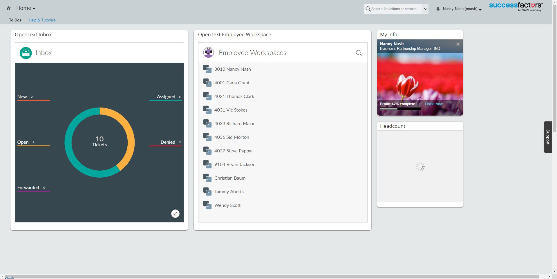 SuccessFactors HR Home Page with linked content workspaces